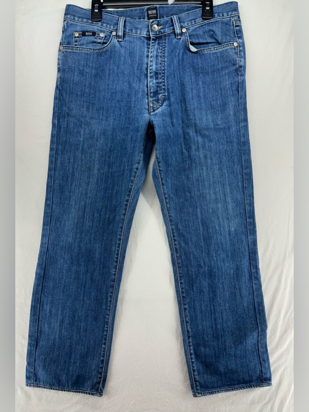 HUGO BOSS Mens Stretch Blue Denim Relax Straight‎ Jeans Size 35 Hemmed